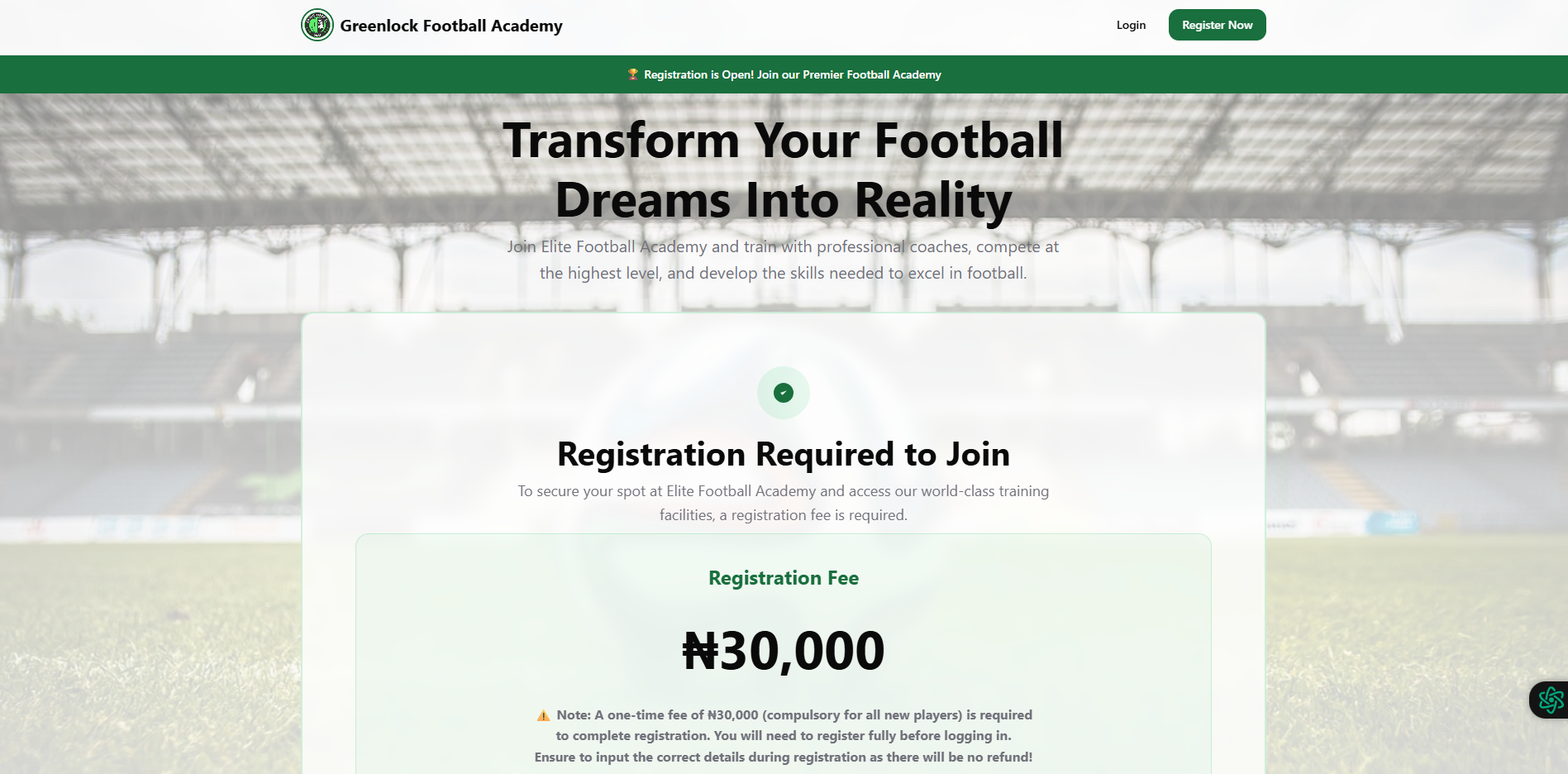 Greenlock Football Academy Payment Portal Screenshot